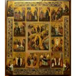 A 19TH CENTURY RUSSIAN ICON ON PANEL Hand painted with biblical scenes in gilt cartouches and having