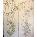 A PAIR OF CHINESE SILK HAND EMBROIDERED CURTAINS Featuring wisteria, honeysuckle and exotic birds,
