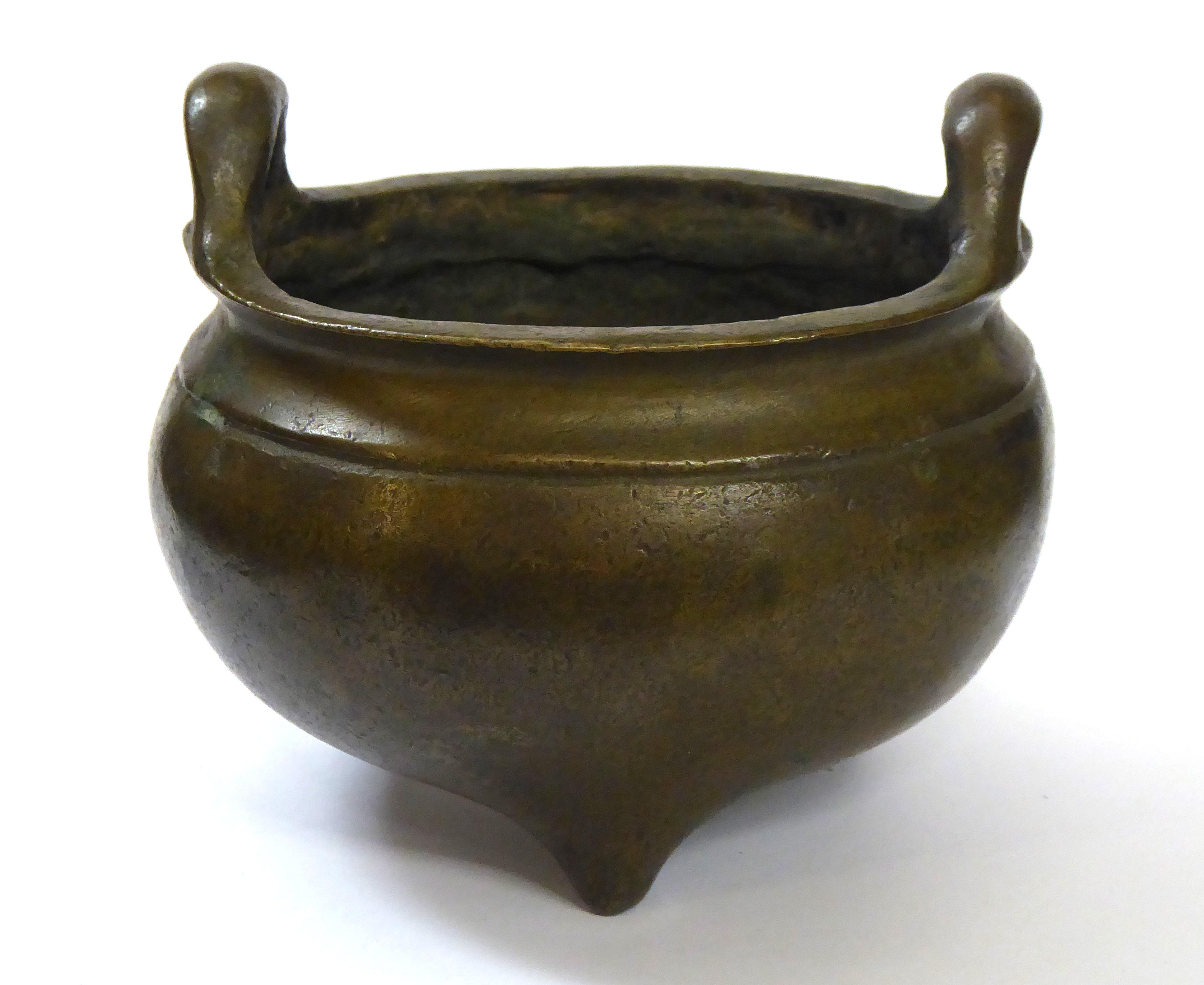 A CHINESE BRONZE CENSOR Spherical form on tripod feet. Bearing a six-character mark to base Approx - Image 2 of 9
