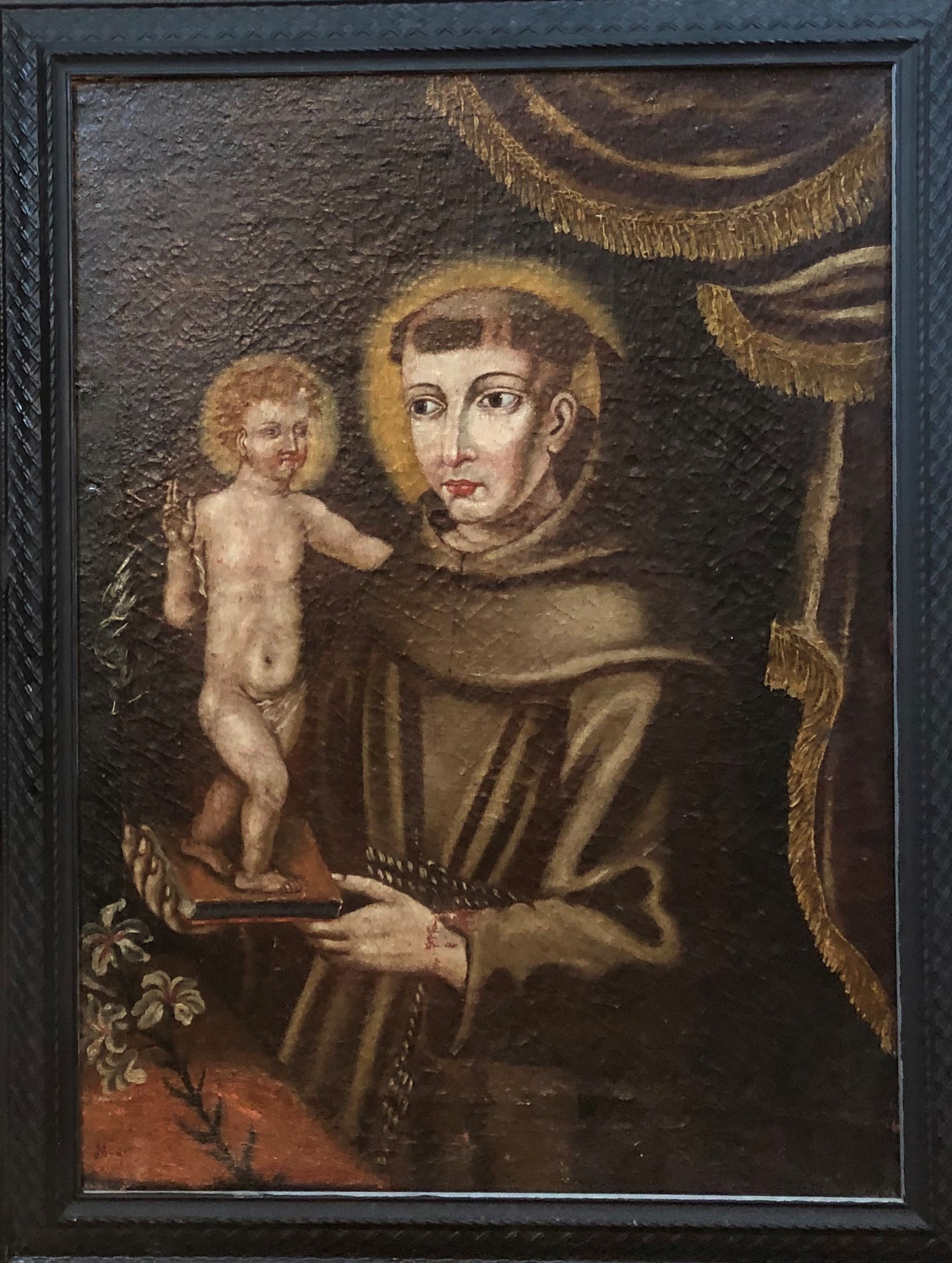 18TH CENTURY SPANISH SCHOOL OIL CANVAS Naive portrait monk and young Christ Framed 72 x 94 cm