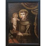 18TH CENTURY SPANISH SCHOOL OIL CANVAS Naive portrait monk and young Christ Framed 72 x 94 cm