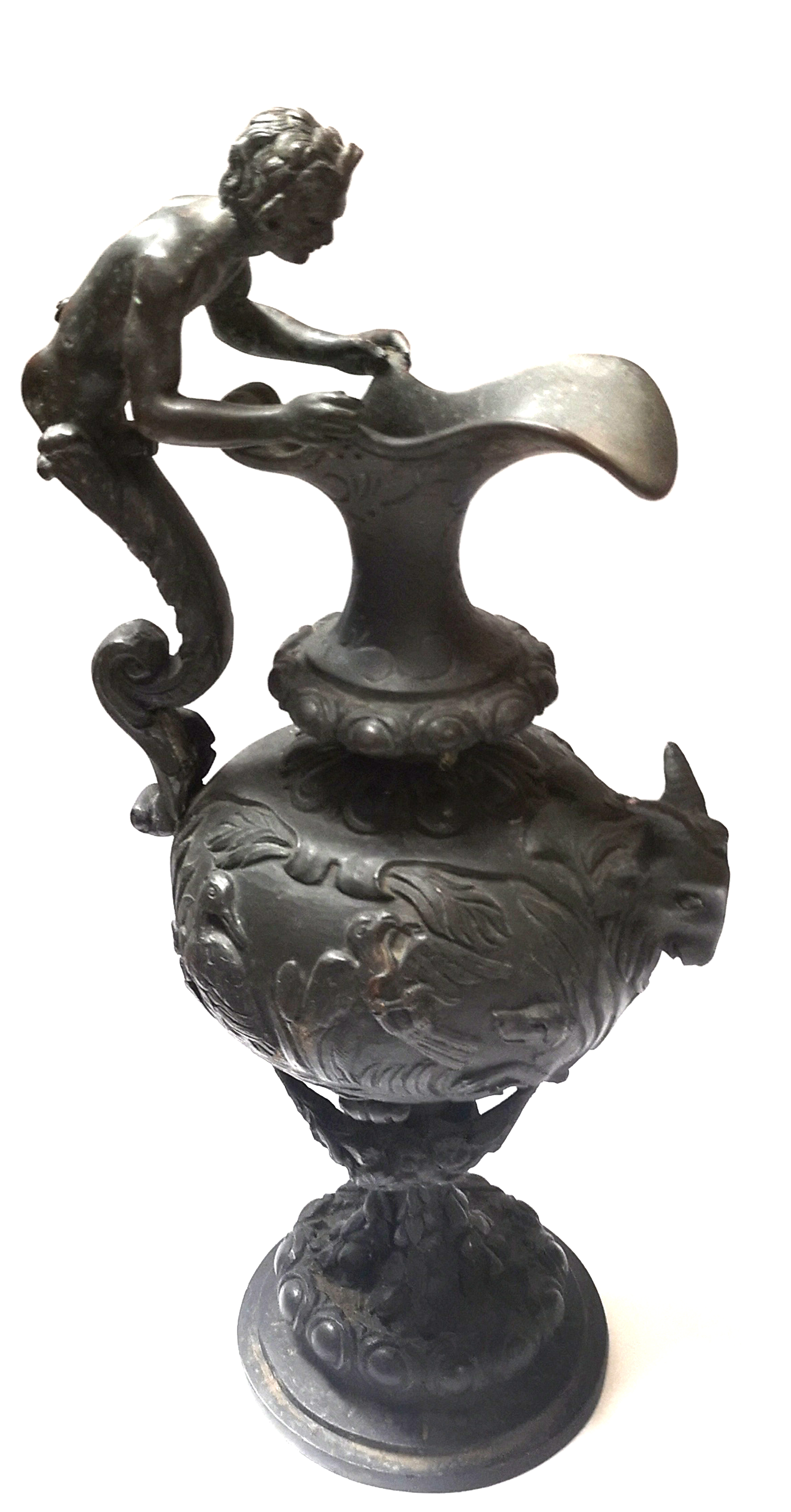 A 19TH CENTURY BRONZE GRAND TOUR FORM EWER Having a figural handle with rams head and embossed
