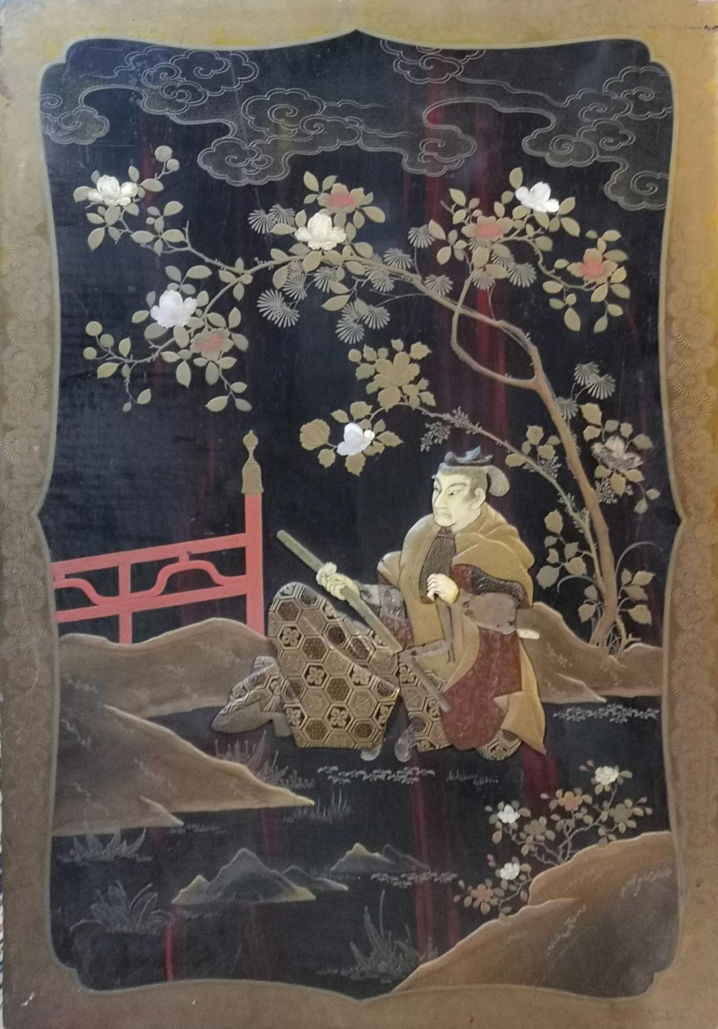 A COLLECTION OF LATE 19TH CENTURY PAINTED LACQUERED PANES With Shibayama embellishments in mother of - Image 2 of 5