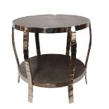 ARCHER AND SMITH, A CIRCULAR TWO TIER CENTRE TABLE with planished metal surfaces and raised on heavy