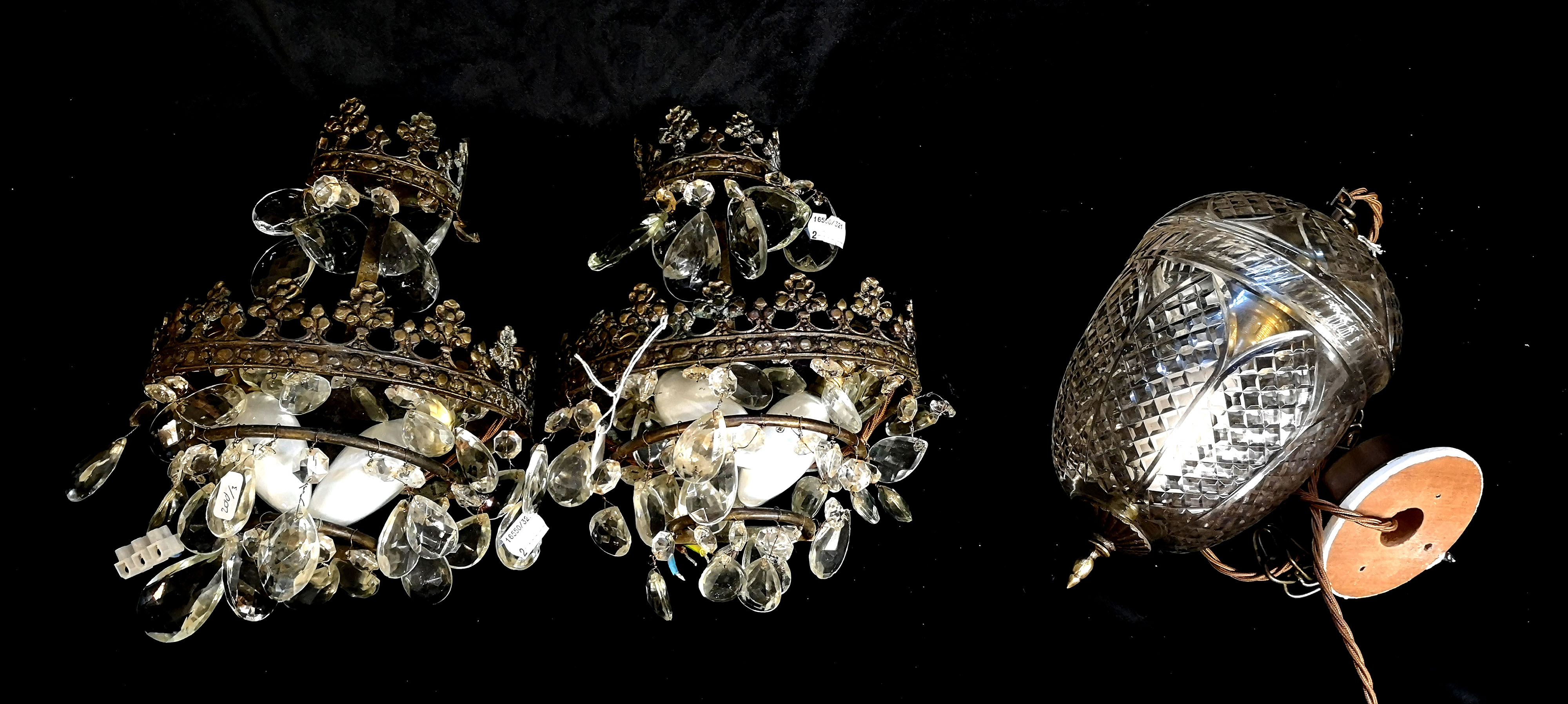 A PAIR OF 20th CENTURY BRASS AND CUT GLASS WALL LIGHTS Of coronet form with tear cut drops, together