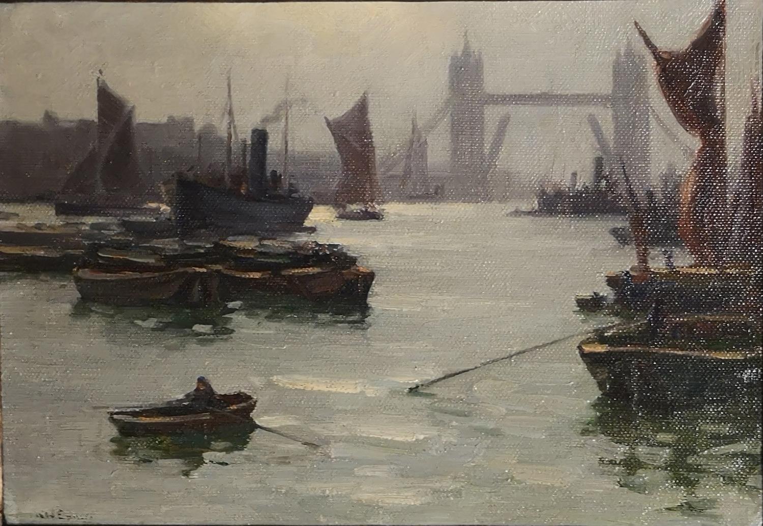 AUGUSTUS WILLIAM ENNESS, 1876 - 1948, OIL ON CANVAS The Thames looking towards Tower Bridge, signed,