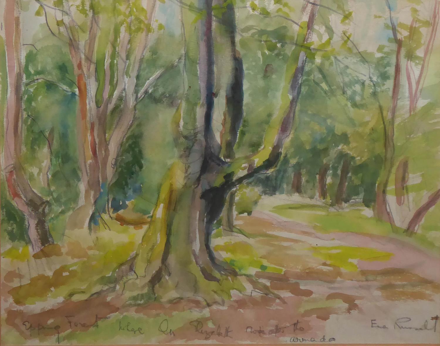 ENA RUSSELL, WATERCOLOUR Landscape, 'Epping Forest', inscribed in pencil to bottom, bearing label