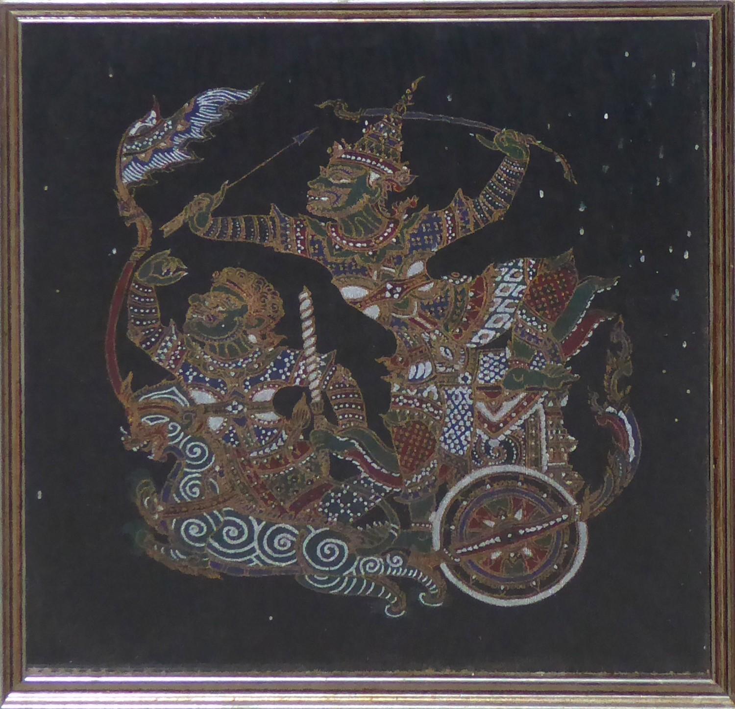 A COLLECTION OF THAI SILK ART PICTURES Including Ravana with chariot and musicians, framed and - Image 4 of 5