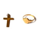 A VICTORIAN 9CT GOLD CRUCIFIX Plain form, together with a yellow metal gent's signet ring. (approx