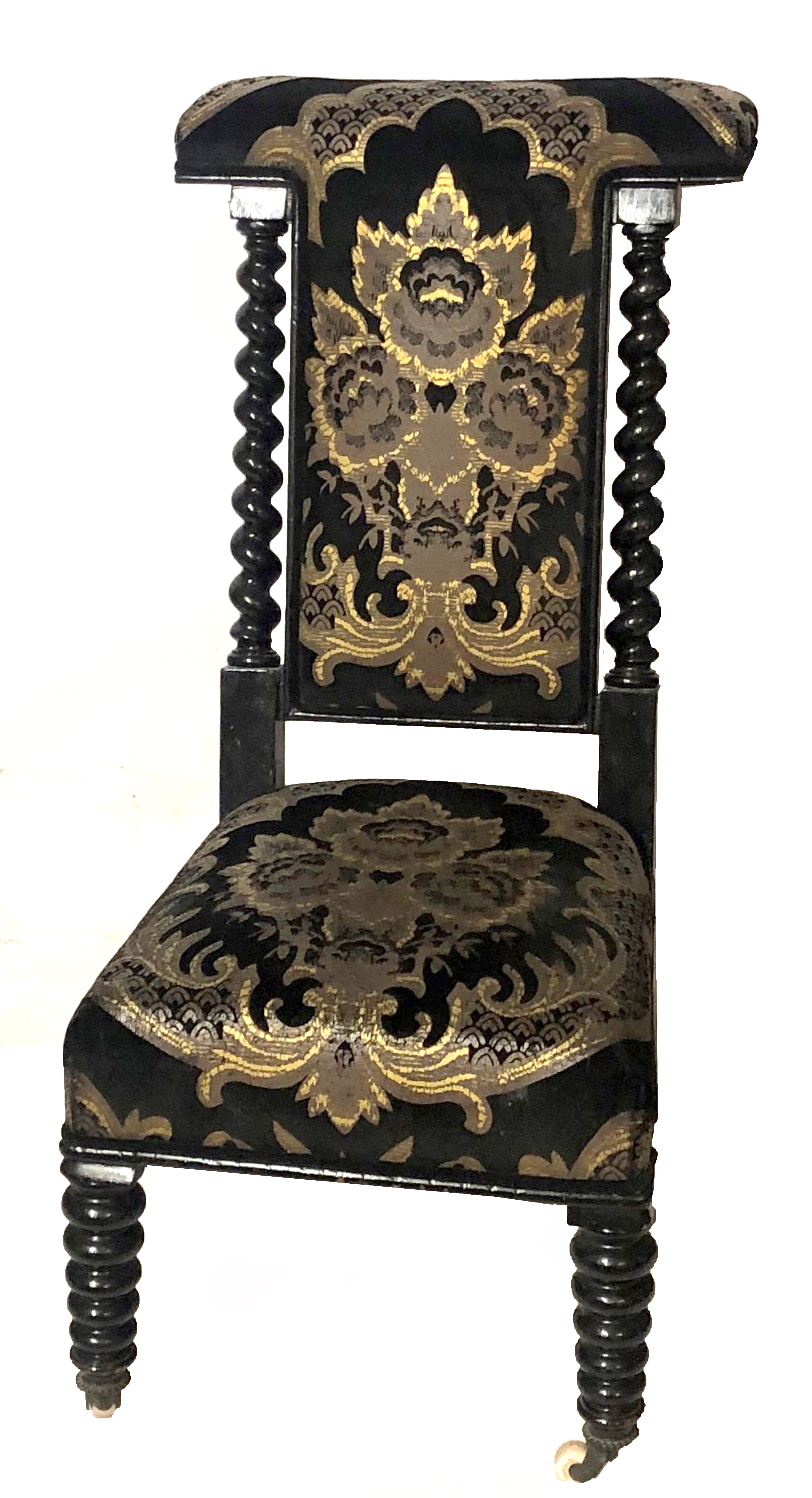 A VICTORIAN PRIE DIEU CHAIR Recently re upholstered in a floral cut velvet, with barley twist