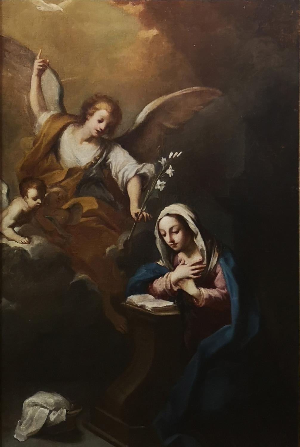 A 17TH CENTURY ITALIAN OIL ON CANVAS 'The Annunciation', in gilt frame, bearing old Christie's