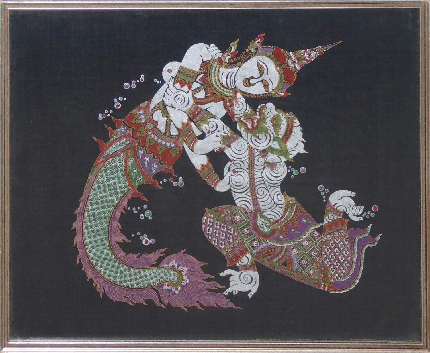 A COLLECTION OF THAI SILK ART PICTURES Including Ravana with chariot and musicians, framed and