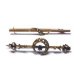 A 9CT GOLD AND SEED PEARL STICKPIN Along with a 9ct gold, seed pearl and sapphire stickpin.