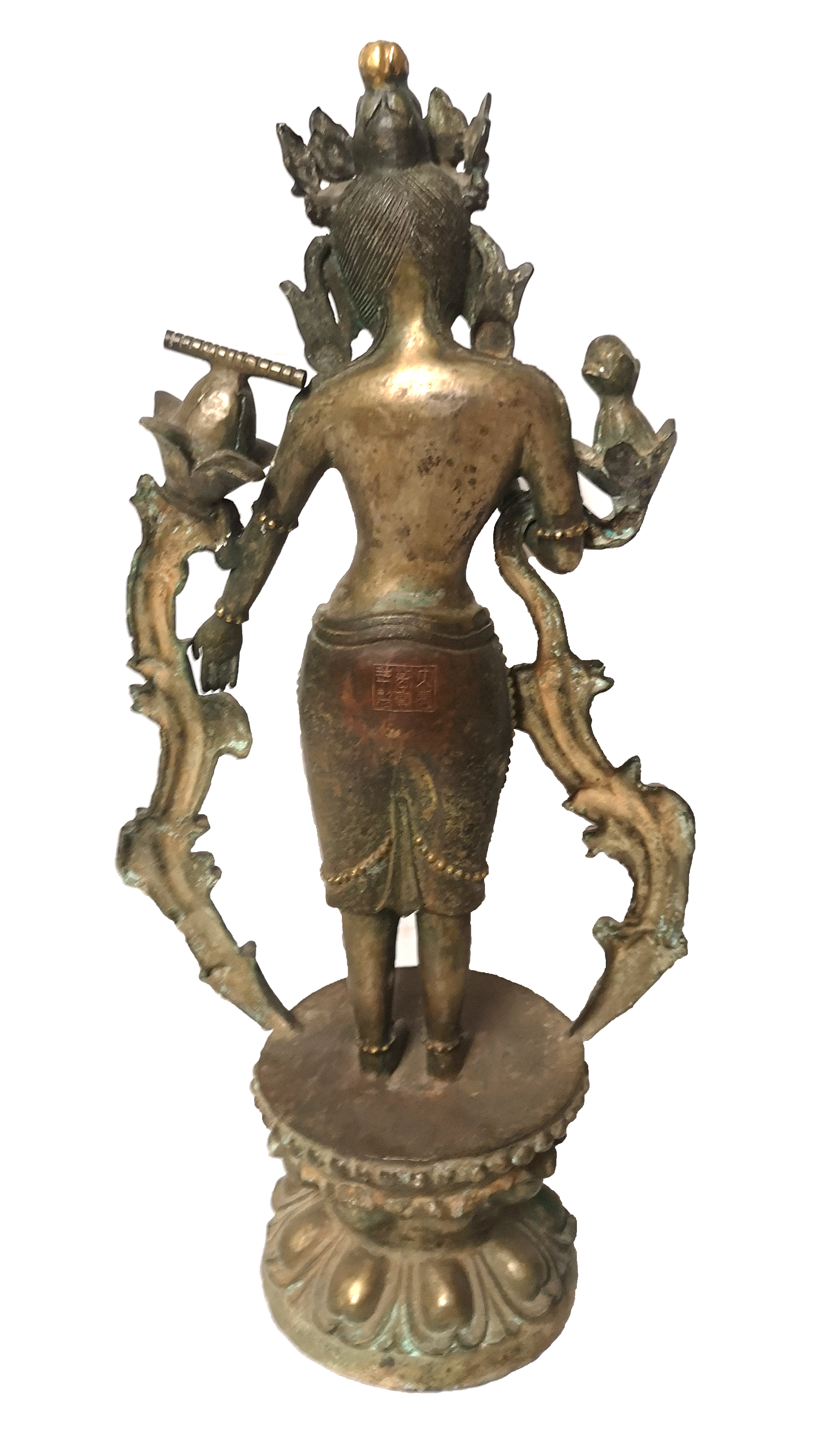 A LARGE TIBETAN BRONZE FIGURE OF A DEITY Standing on a lotus flower base, the collar set with - Image 3 of 4
