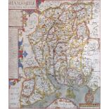 AN ANTIQUE HAND COLOURED ENGRAVING, MAP OF HAMPSHIRE Printed by John Norden. Bearing a gallery label