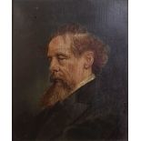 CHARLES DICKENS,1812-1870, A 19th CENTURY OIL ON PANEL PORTRAIT Side profile in ebonised cushion