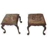 PAIR OF 19TH CENTURY CARVED FAUX ROSEWOOD STOOLS with tapestry drop in seats raised on scrolling
