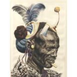 J P LUDU, KAMPALA, A PAIR OF WATERCOLOURS Tribal warriors Signed mounted framed and glazed 46 x 59