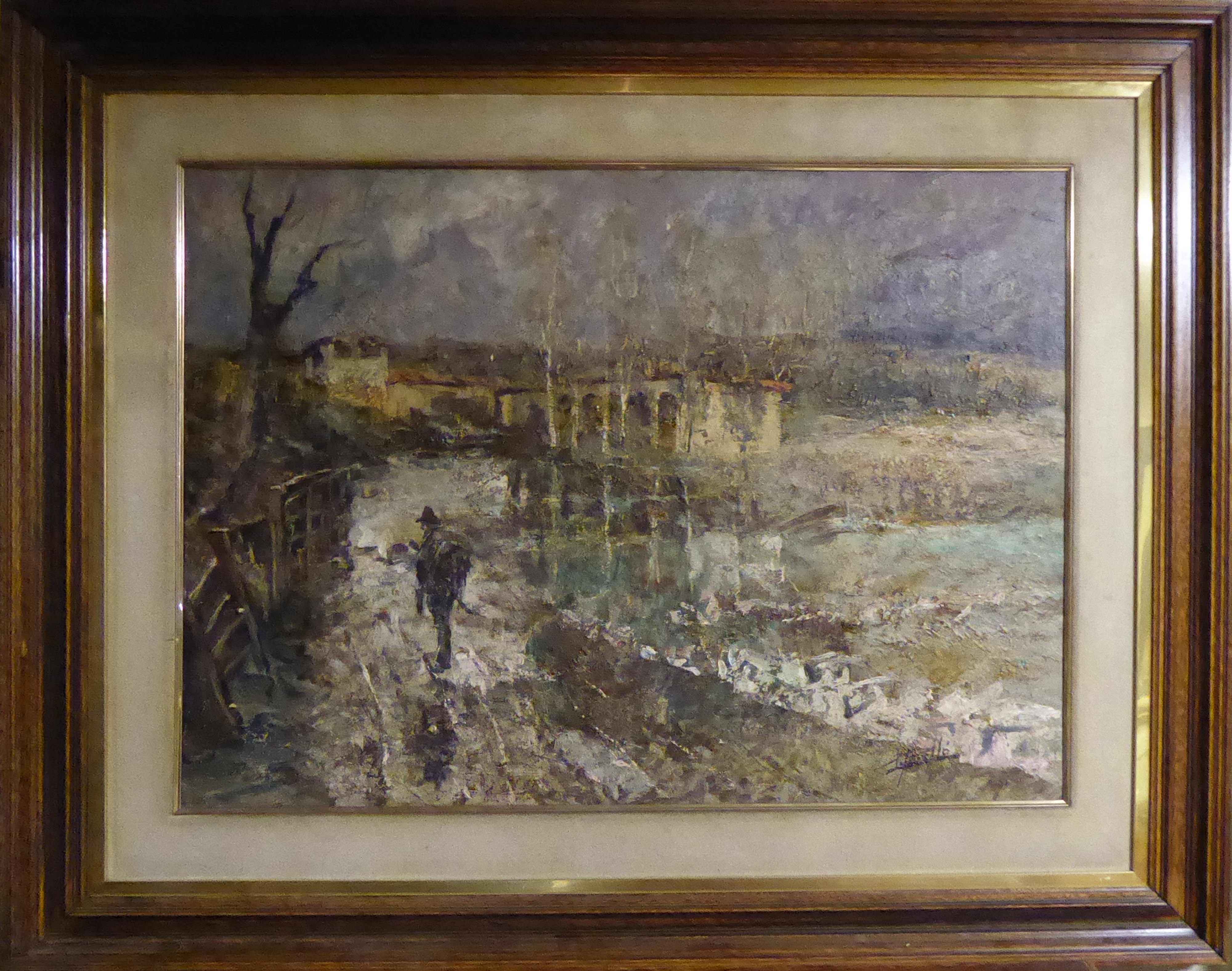 A LARGE MID 20TH CENTURY CONTINENTAL IMPRESSIONIST OIL ON CANVAS Landscape, figure near a villa, - Image 3 of 5