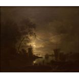 EDWARD WILLIAMS, 1782 - 1855, OIL ON CANVAS Moonight river landscape with windmills, boats and
