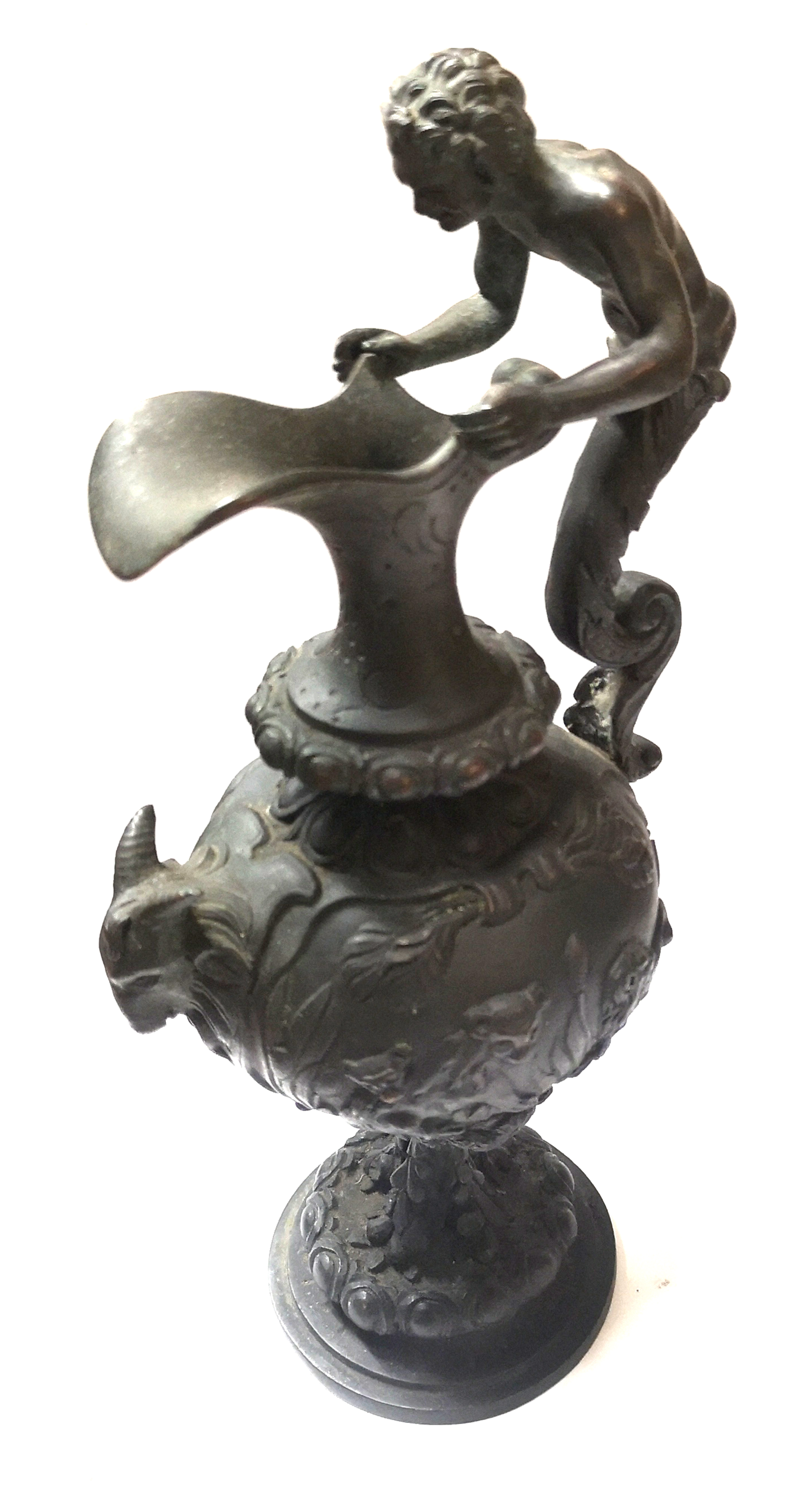 A 19TH CENTURY BRONZE GRAND TOUR FORM EWER Having a figural handle with rams head and embossed - Image 4 of 4