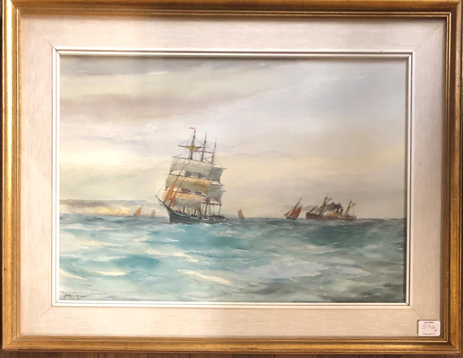 AUBREY RAMOS, 1895 - 1950, WATERCOLOUR Ships offshore, signed, mounted, framed and glazed. (67cm x