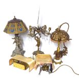 A COLLECTION OF 20th CENTURY LAMPS Including a figural lamp with stained glass shade, a lamp of