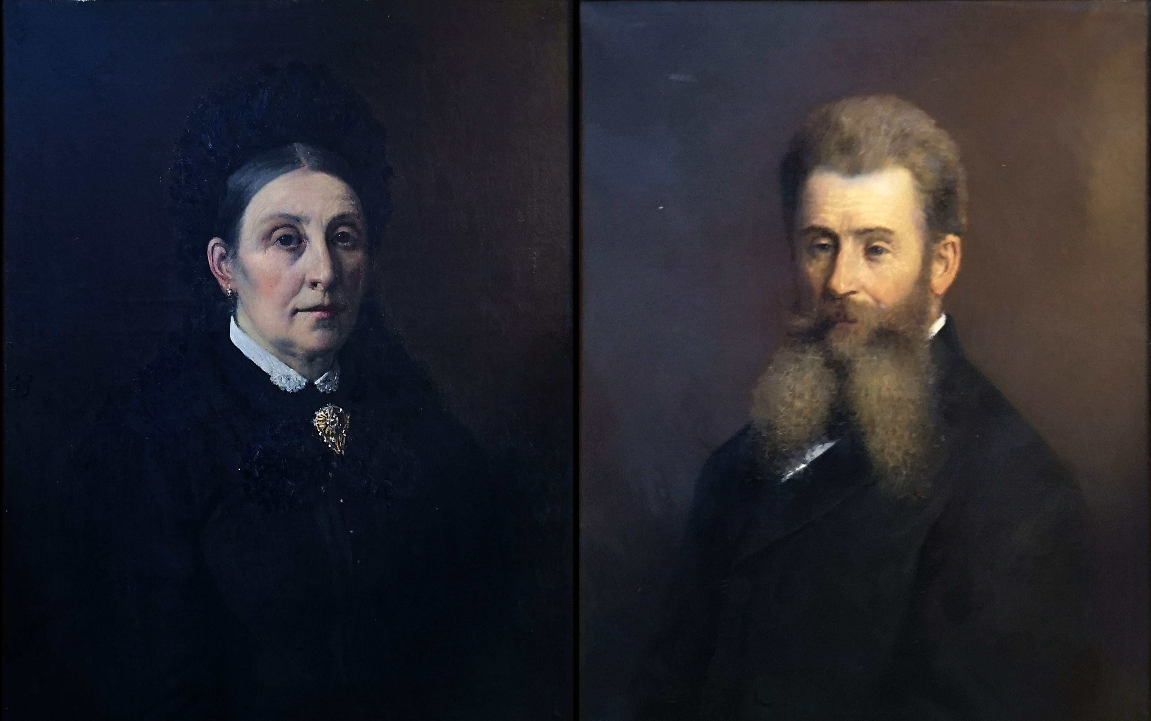 A PAIR OF VICTORIAN OIL ON CANVAS PORTRAITS A gent with beard and a lady maiden with black bonnet