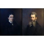 A PAIR OF VICTORIAN OIL ON CANVAS PORTRAITS A gent with beard and a lady maiden with black bonnet