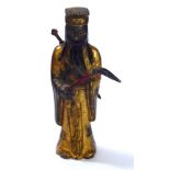 A CHINESE GILT BRONZE MINIATURE STATUE OF A SCHOLAR Standing pose with cane. Approx 9cm