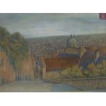 AN EARLY 20TH CENTURY CZECH OIL ON CANVAS LANDSCAPE City view with dome form building, signed
