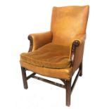 A 19TH CENTURY CARVED MAHOGANY GAINSBOROUGH DESIGN ARMCHAIR the shaped back over scrolling arms,