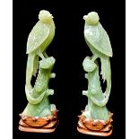 A PAIR OF CHINESE CARVED JADEITE BIRD SCULPTURES Exotic birds with carved wooden stands. (approx