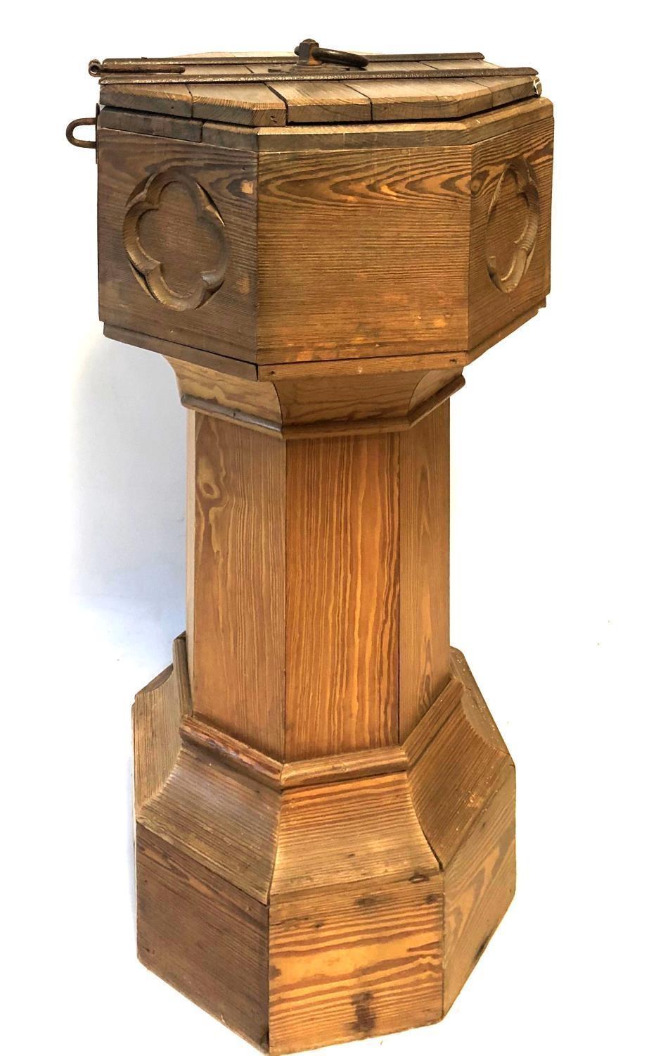 A VICTORIAN PITCH PINE FONT AND COVER With two section zinc liner, on faceted column. (50cm x 50cm x