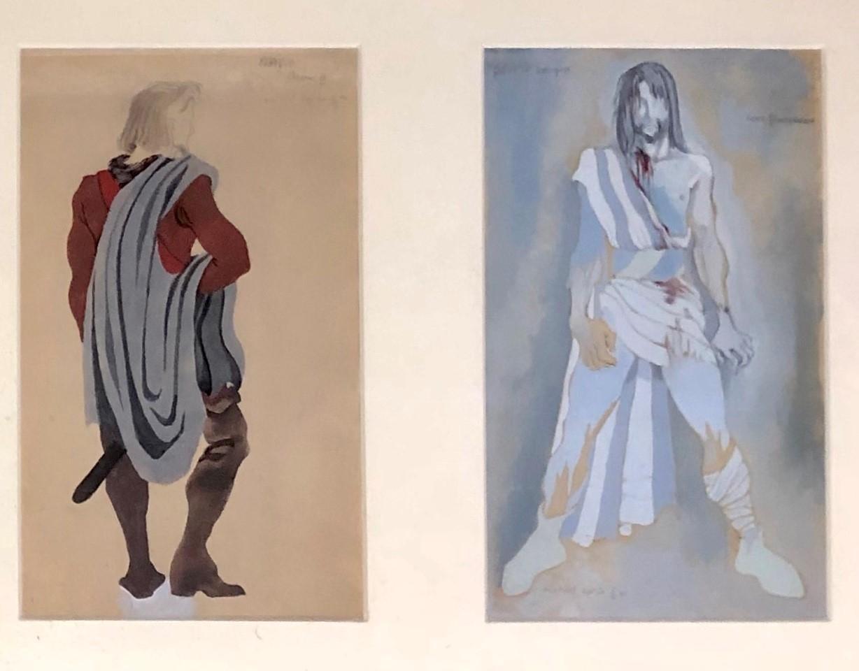 MICHAEL AYRTON, 1921 - 1975, GOUCHE AND INK PAIR FRAMED AS ONE Titled 'Banquo Costume II, 1941',
