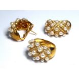 A VINTAGE 18CT GOLD, DIAMOND AND PEARL JEWELLERY SUITE Comprising a bombe form ring set with pearls,