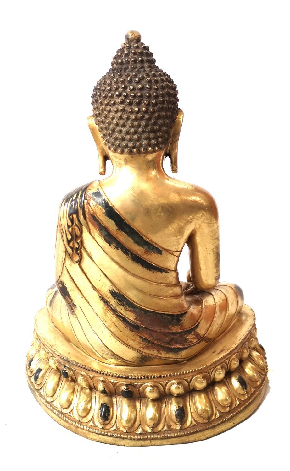 A LARGE CHINESE GILT BRONZE BUDDHA Seated pose on double lotus base - Image 9 of 11
