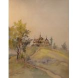 AN EARLY 20TH CENTURY CONTINENTAL WATERCOLOUR Landscape, church with a crucifix, inscribed lower