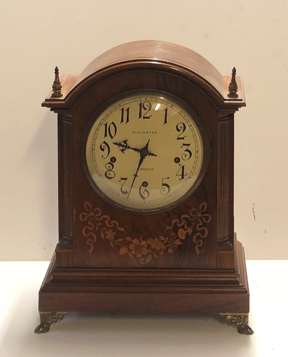 ELKINGTON, LONDON, A LARGE LATE 19TH CENTURY MAHOGANY AND FLORAL MARQUETRY INLAID CASED MANTLE CLOCK