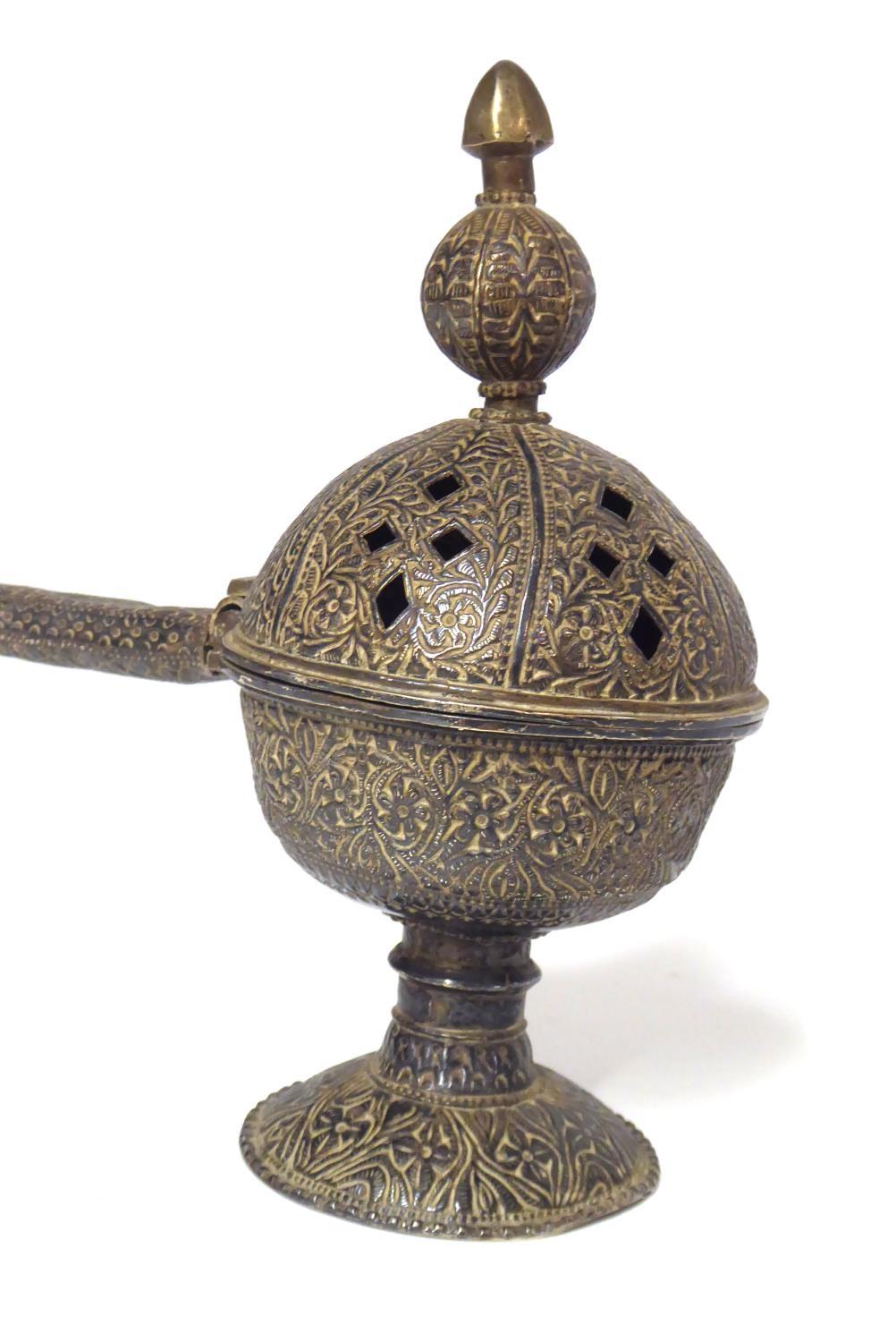 A 19th CENTURY PERSIAN WHITE METAL INCENSE BURNER Spherical form with carry handle and engraved - Image 5 of 5