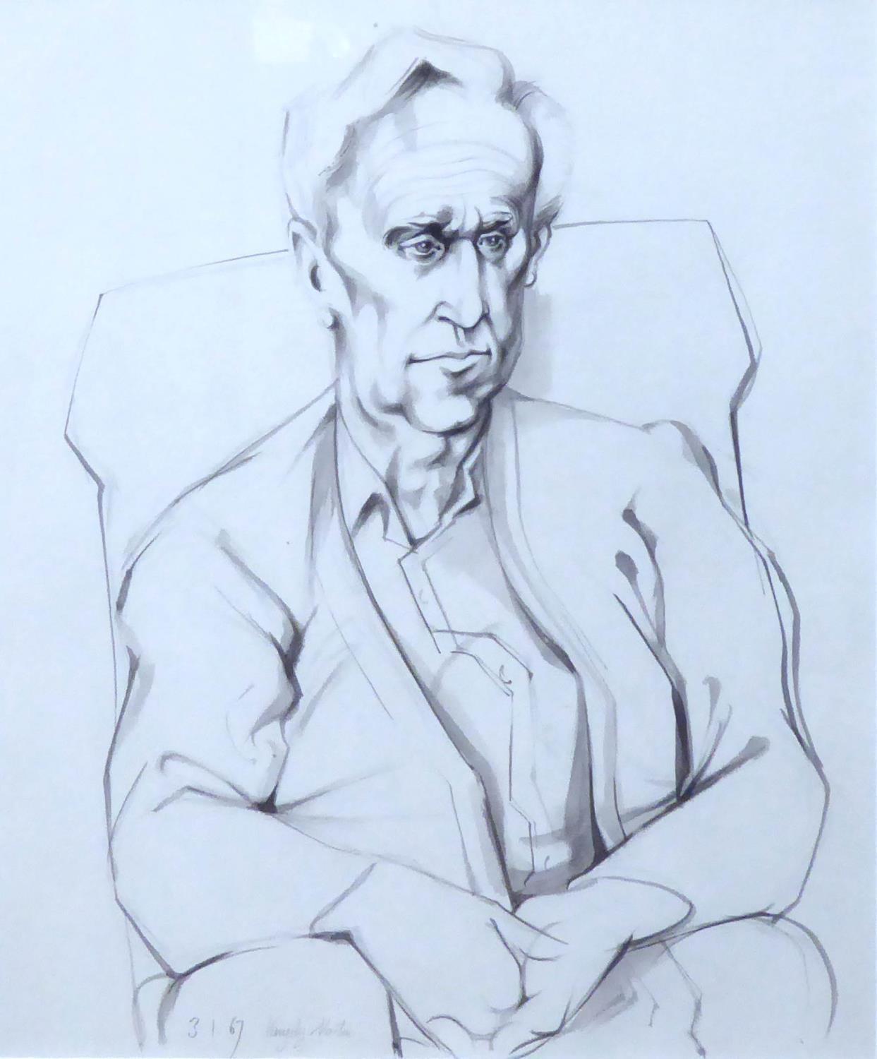MICHAEL AYRTON, 1921 - 1975, PENCIL AND WASH Titled 'Portrait of Kingsley Martin, 1967', dated,