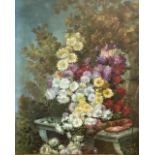 A 20TH CENTURY OIL ON CANVAS, STILL LIFE Bouquet of flowers with a pair of bagpipes, signed lower