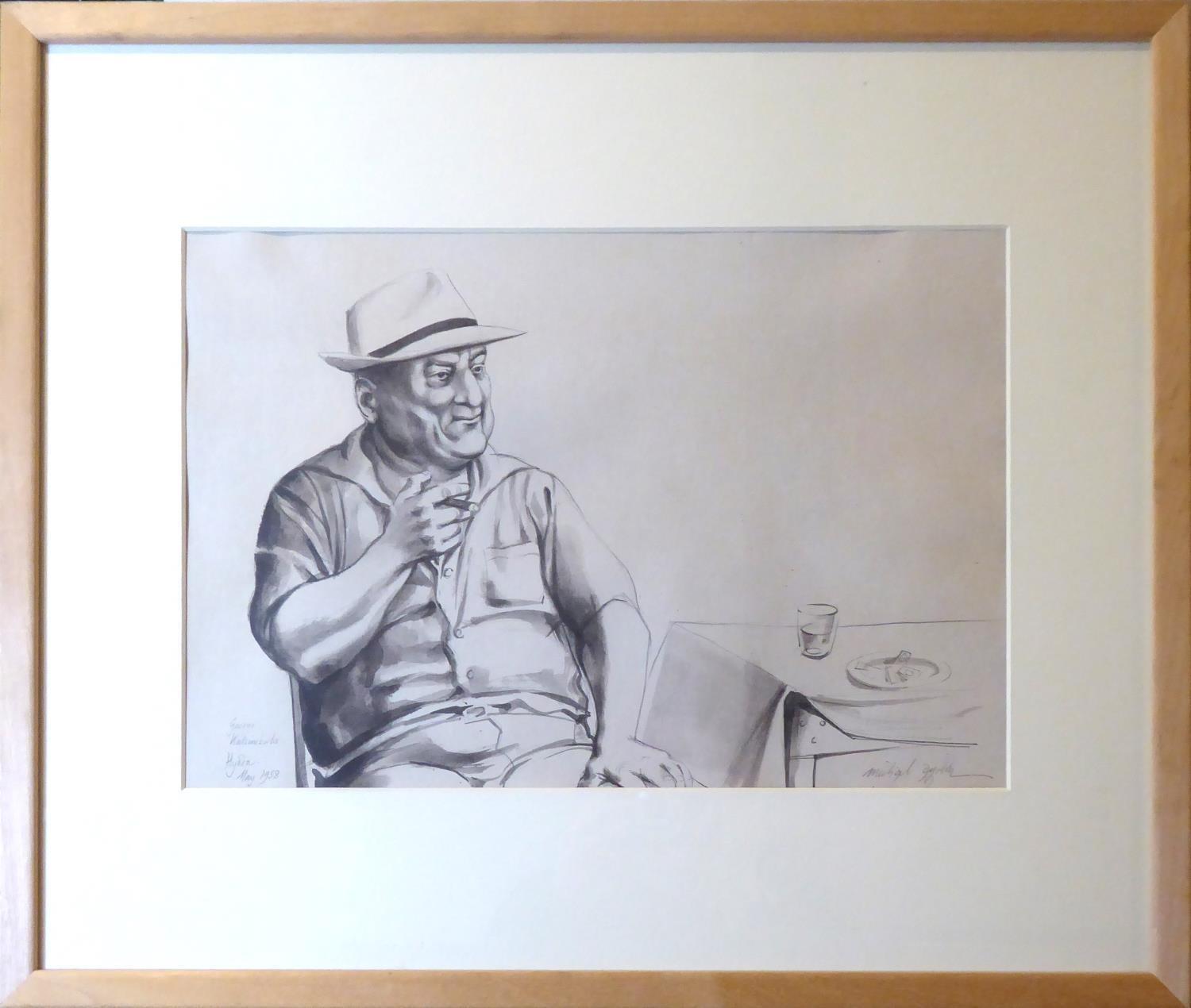 MICHAEL AYRTON, 1921 - 1975, PEN AND WASH Titled 'Portrait of George Katsimbalis, 1958', signed, - Image 3 of 5