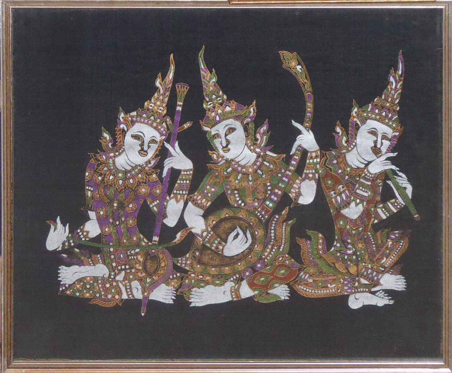 A COLLECTION OF THAI SILK ART PICTURES Including Ravana with chariot and musicians, framed and - Image 3 of 5