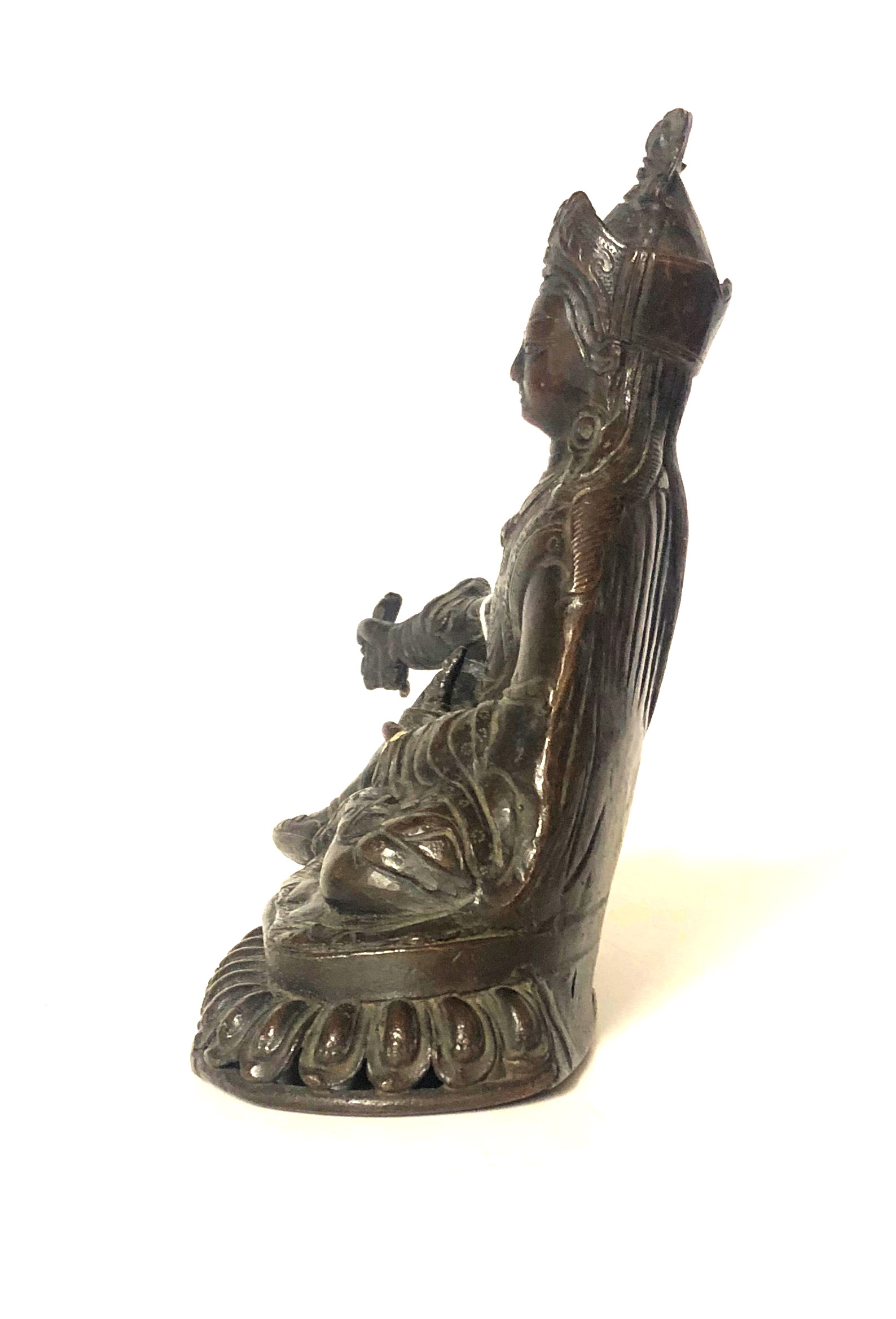 AN ANTIQUE NEPALESE-TIBETAN BRONZE FIGURE OF BUDDHA AMITAYUS Wearing a long Monks robe and tiara, - Image 2 of 5