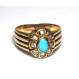 A 19TH CENTURY YELLOW METAL, DIAMOND AND TURQUOISE CLUSTER RING The oval cabochon cut turquoise
