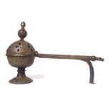 A 19th CENTURY PERSIAN WHITE METAL INCENSE BURNER Spherical form with carry handle and engraved