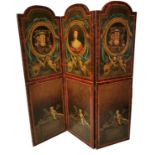 AN EARLY 20TH CENTURY THREE FOLD DRESSING SCREEN Painted in the classical style with putti and urns.