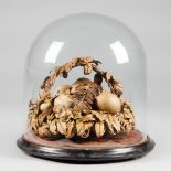 A RARE 19TH CENTURY ORNAMENTAL LEATHER WORK FRUIT BASKET DISPLAY UNDER GLASS DOME. (h 30cm x w