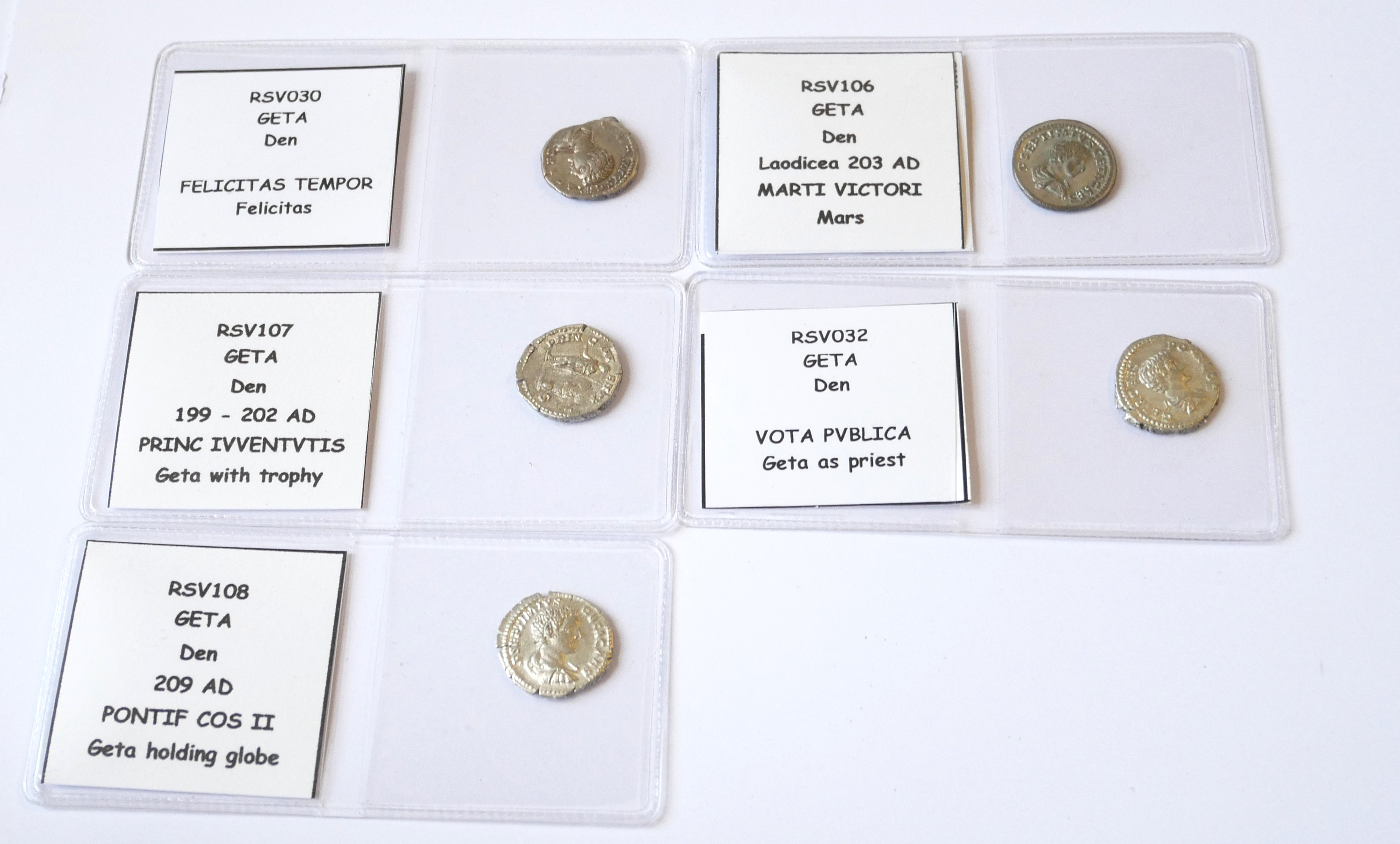 GETA, A COLLECTION OF FIVE ROMAN SILVER COINS Felicitas Tempor, Vota Pvblica Geta as a Priest,